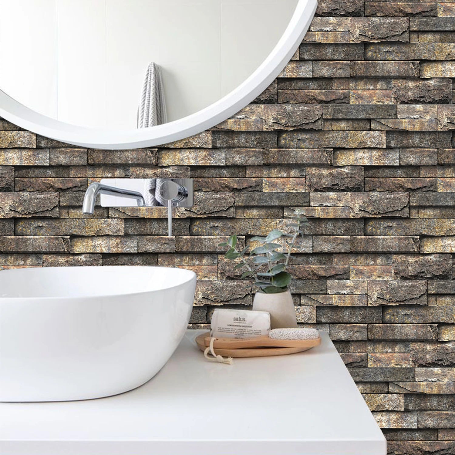 6Pcs 3D Self-Adhesive Wall Sticker 30x15cm Oil Proof Waterproof Brick Stone Imitation Brick Tile Stone Particle Wallpaper Decals