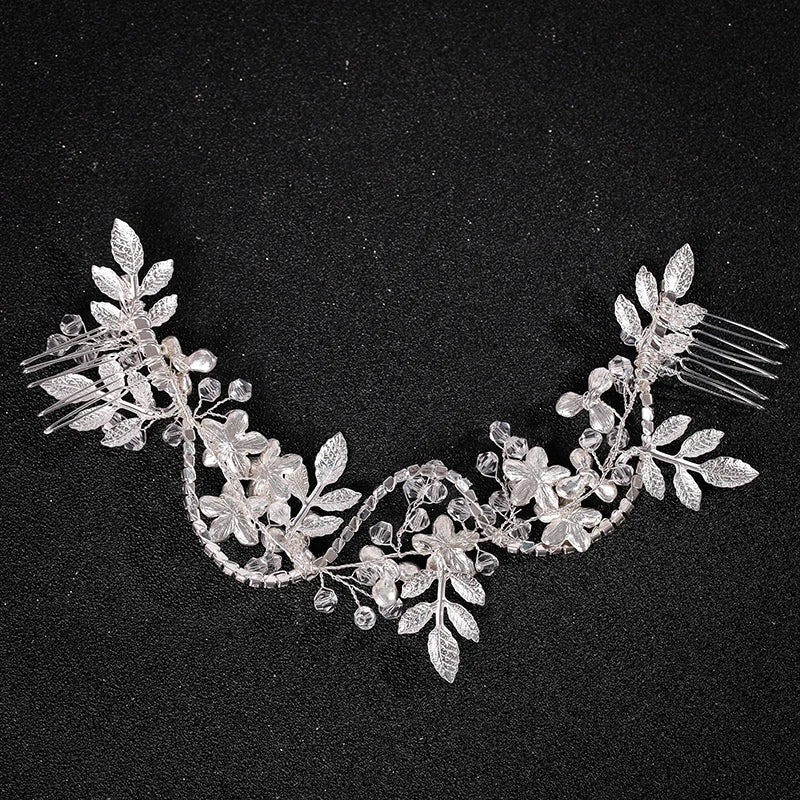 Băng Tóc Cưới Ngọc Trai Pha Lê Hoa Lá Nữ Tính