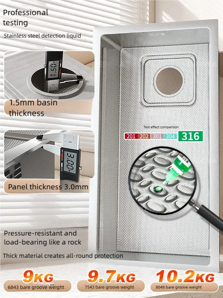 316L Stainless Steels Kitchen Sink Scratch and Grease Resistant Large Single Slot Household Left Right Mount Undermount Basin - Daisan Mart