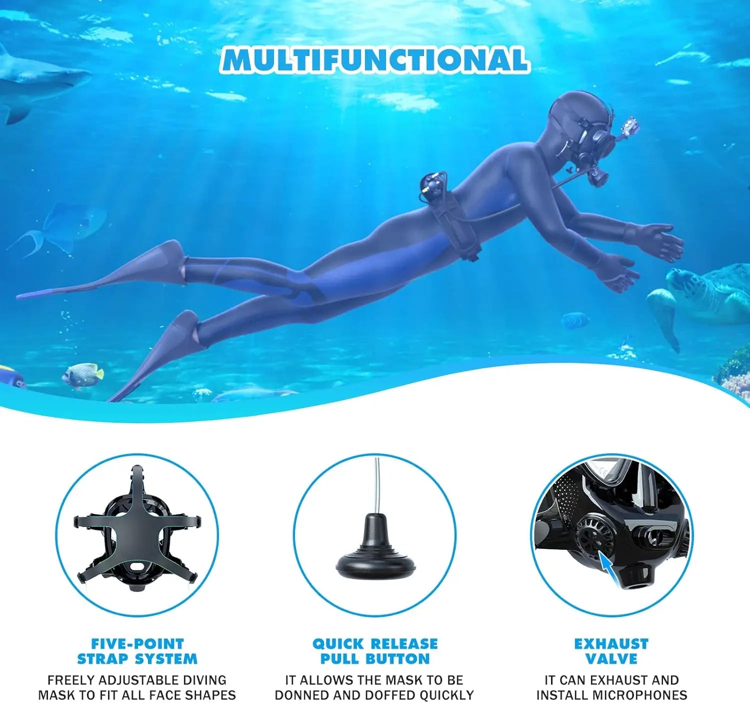 The Full Face Diving Mask with Camera Mount, Full Face Snorkel Mask for Adults Compatible with Above 1L Scuba Diving Tank，Unisex