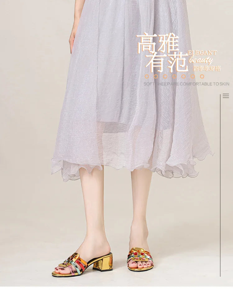 High-end Perforated Women's Flat Sandals with Fashionable Square Heels