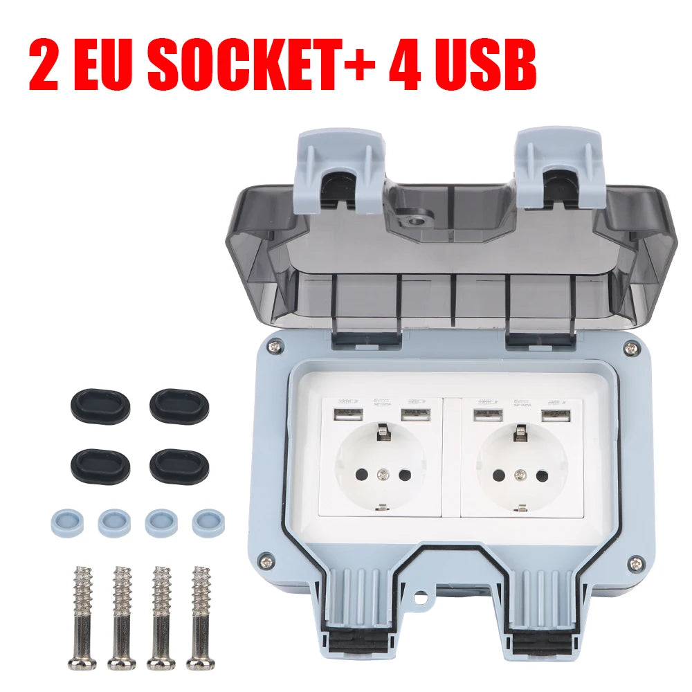 IP66 Outdoor Double Socket With USB, 16A Switch