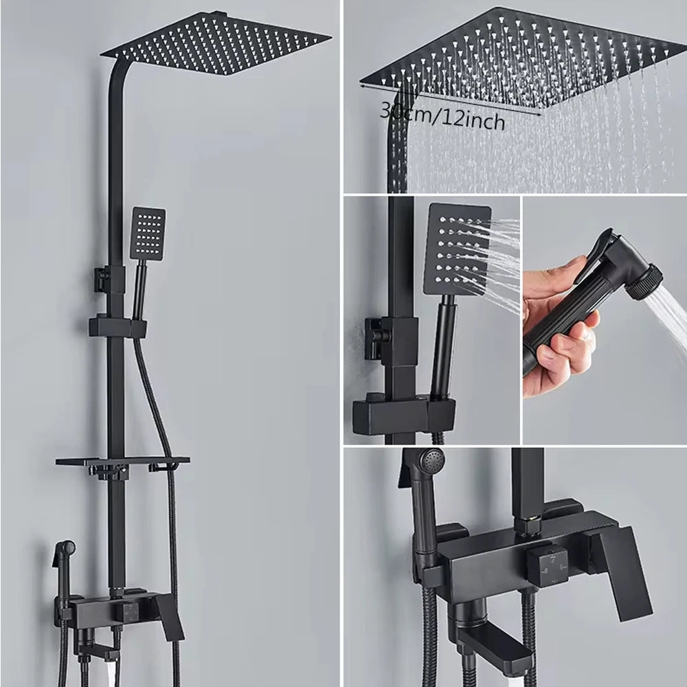 Chrome Brass Shower Faucet Set Rainfall Bathtub Tap With Bathroom Shelf 4 Function Height Adjust Shower Mixer Crane Fast Delivey