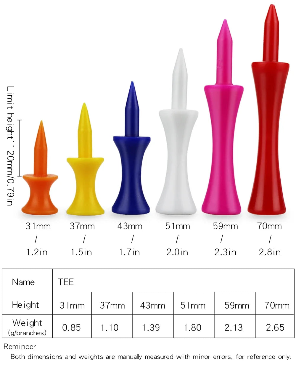 Plastic Golf Tee Combo 50/100 Pieces, Many Sizes, Durable and Beautiful