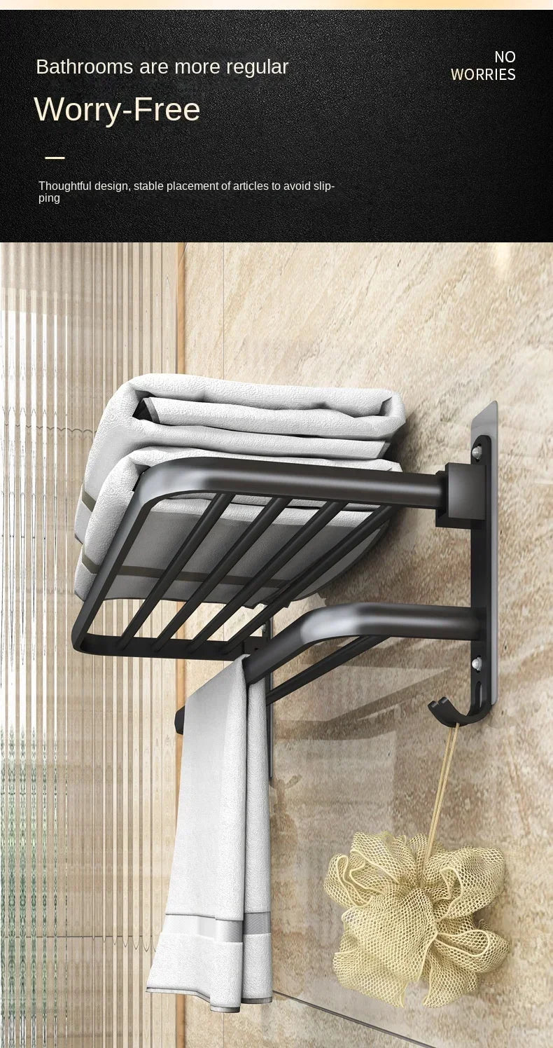 40/50/60CM No Drilling Towel Rack Fold Self-adhesive Wall Hanger Rail Bracket Black Aluminum Shower Bathroom Accessories Holder