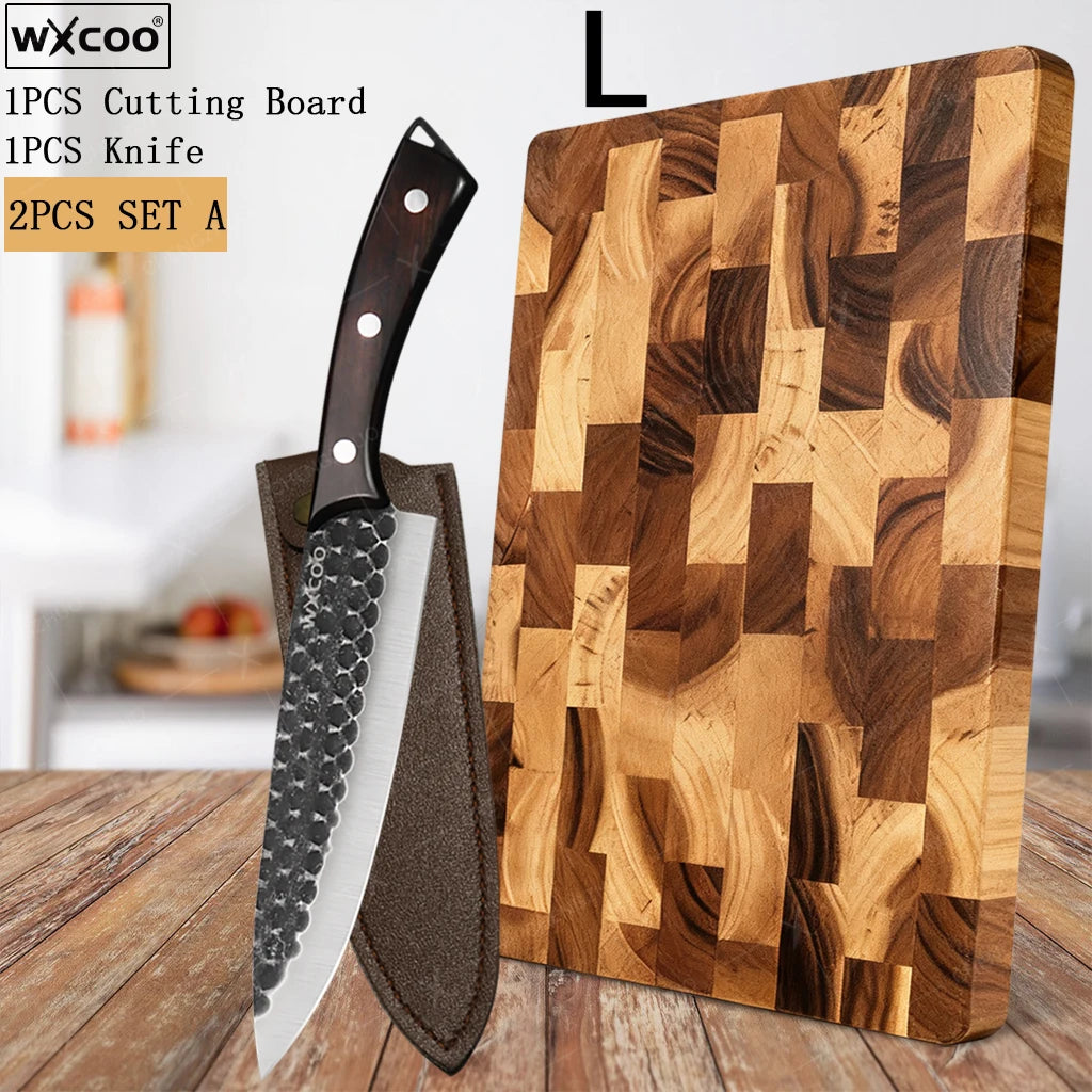 2-Sided Moisture-Proof Wooden Cutting Board + Stainless Steel Kitchen Knives and Cutlery