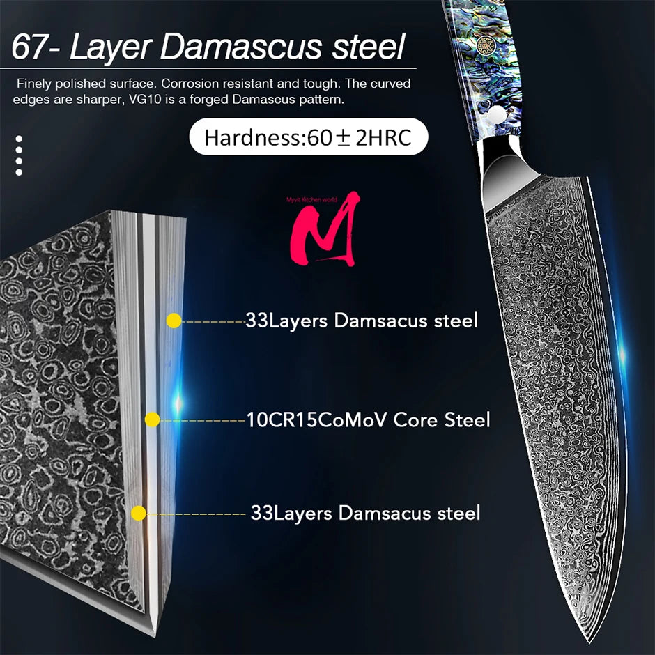 Dao Bếp Damascus VG10 67 Lớp Tay Cầm Vỏ Bào Ngư