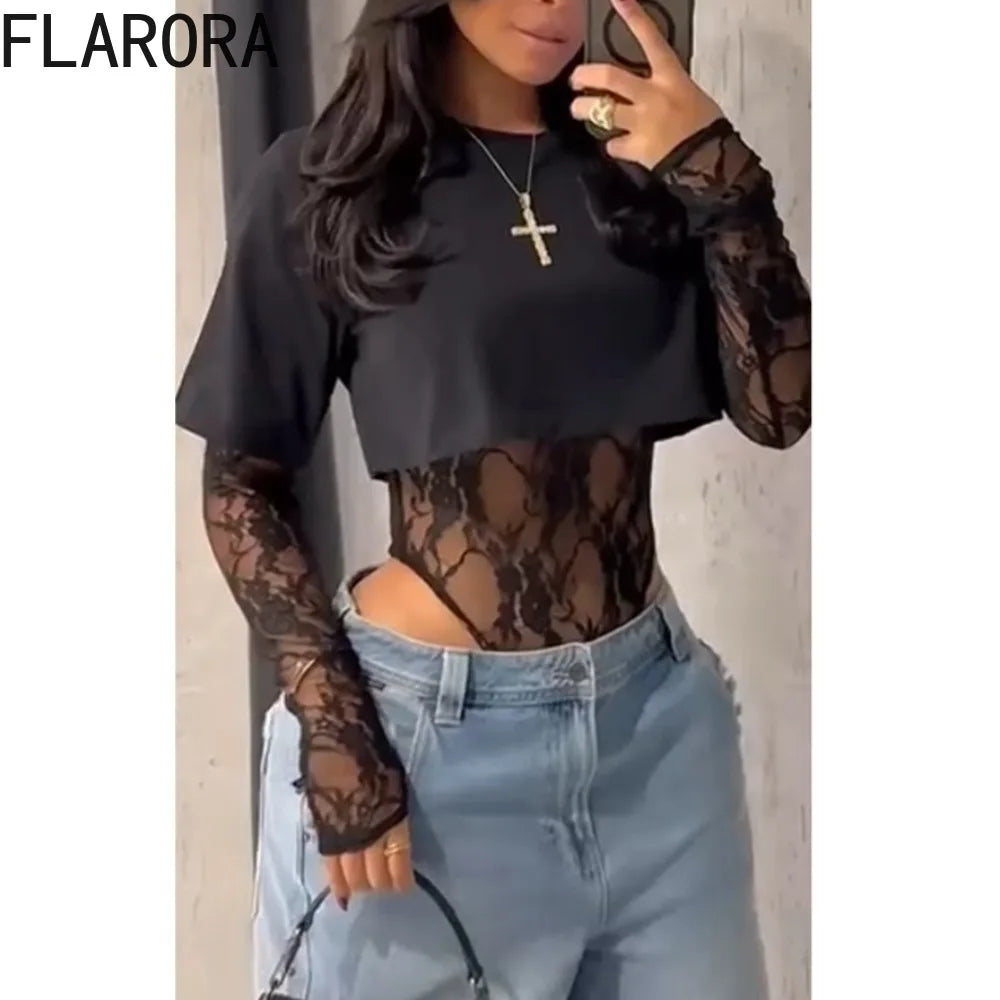 Y2K Style FLARORA Lace Crop Top &amp; Bodysuit Set