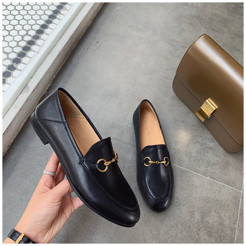 Women's Loafers Soft Sole Metal Buckle Round Toe Spring