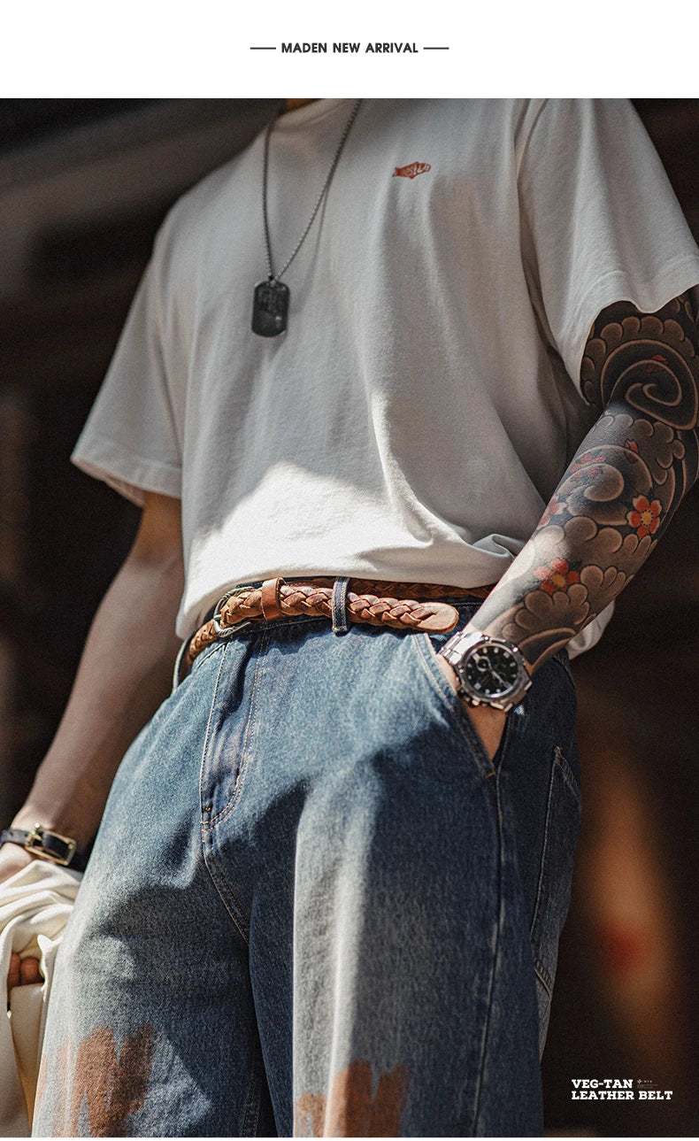 Thắt lưng da bò 2 lớp Vintage nam nâu Maden