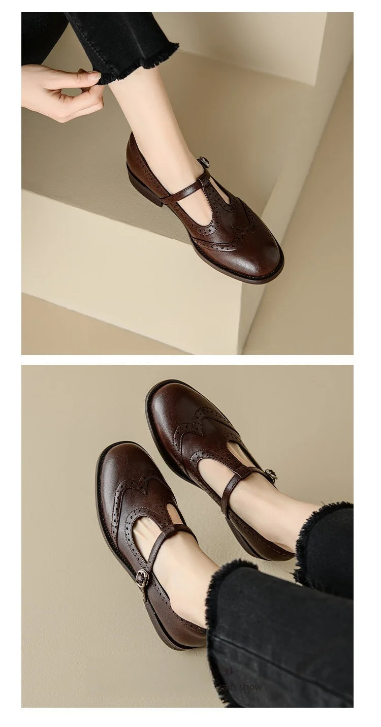 Women's Retro Oxford Shoes Vintage Perforated Genuine Leather
