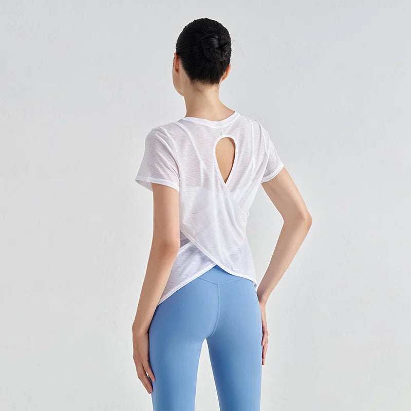 Áo Tập Gym Nữ Nylon Thoáng Mát Lưng Rỗng Ngắn Tay - Daisan Mart