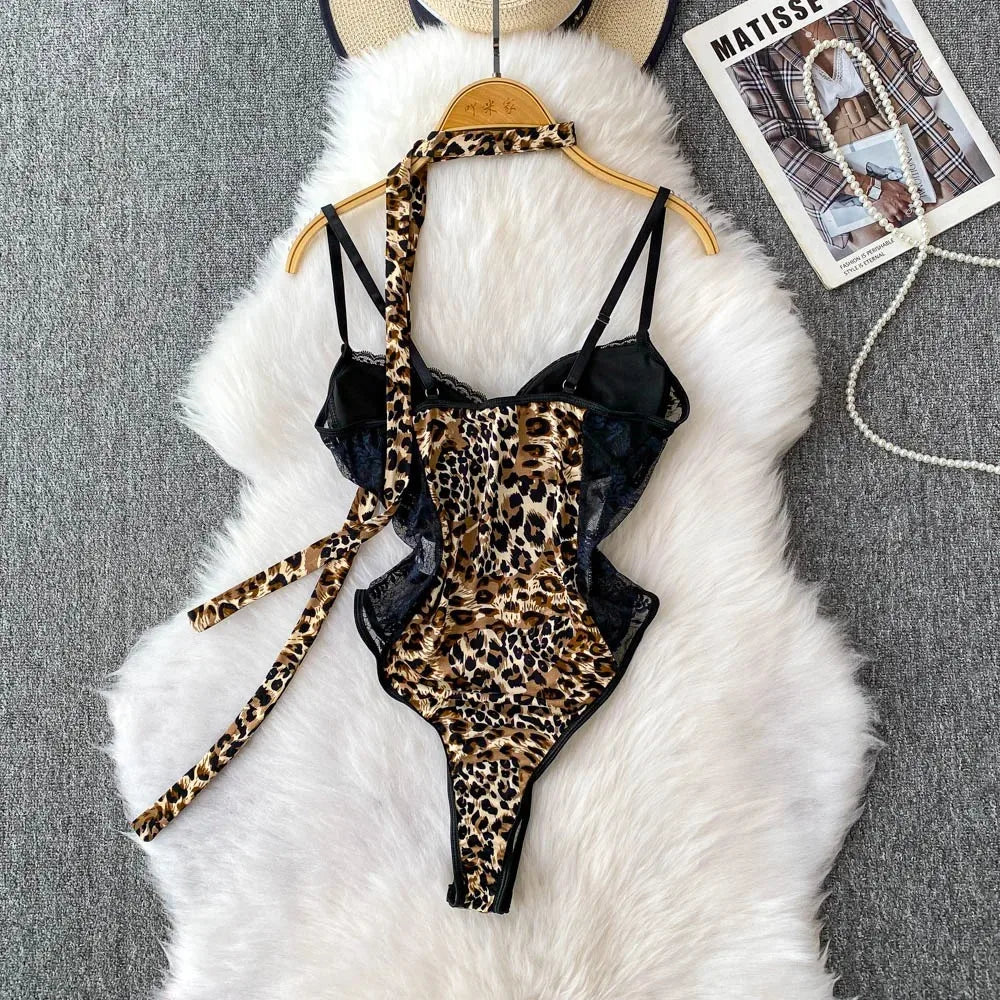 Women Hotsweet V-neck leopard slim Vintage Straps Bodysuits Chic lace Jumpsuits Slim Top Clothing