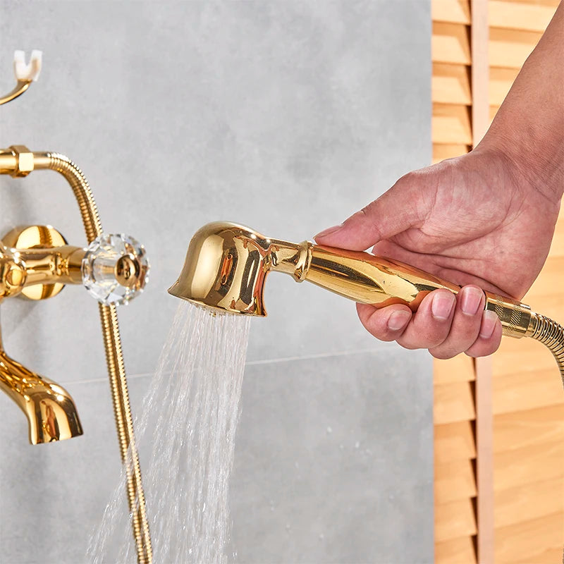 Telephone Style Golden Waterfall Bathtub Faucet Bathroom Brass Bath Faucets Waterfall Rotatb Spout Hot&amp;Cold water Shower tap set