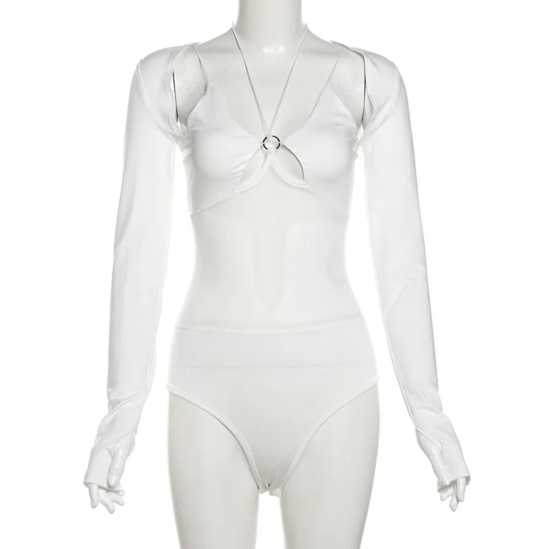 Goth Dark Cyber ​​Y2K Techwear Mall Gothic Hollow Out Straps Skinny Bodysuits With Long Sleeve Crop Shrug Tops Women 2 Piece Sets