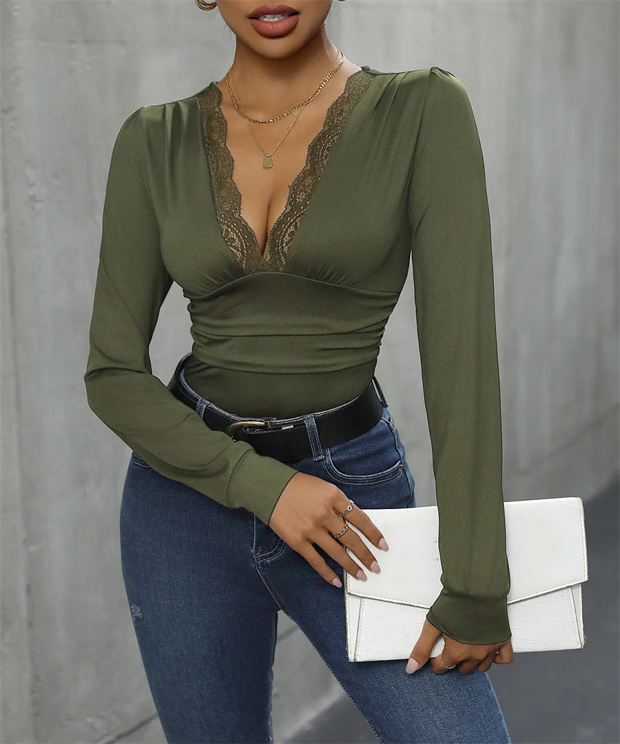 Benuynffy Sexy Deep V-neck Contrast Lace Bodysuit Women's Spring Fall Long Sleeve Club Party Elegant One-piece Body Tops - Daisan Mart