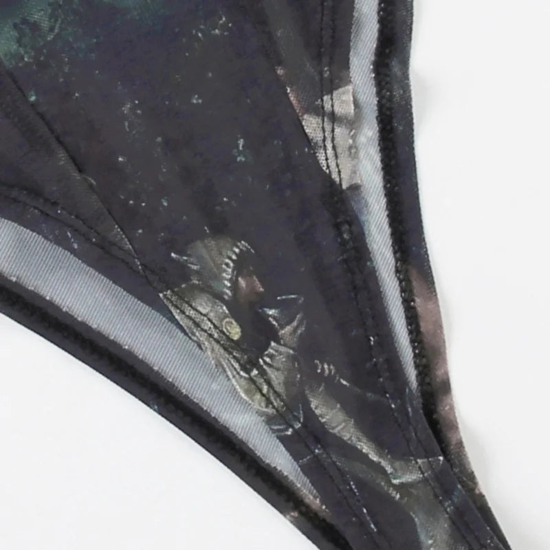 Goth Dark 90s Retro Print Mesh Long Sleeve Skinny Bodysuits Cyber ​​Y2K Sheer Tops Women Gothic Lace Patchwork Bodysuit Streetwear