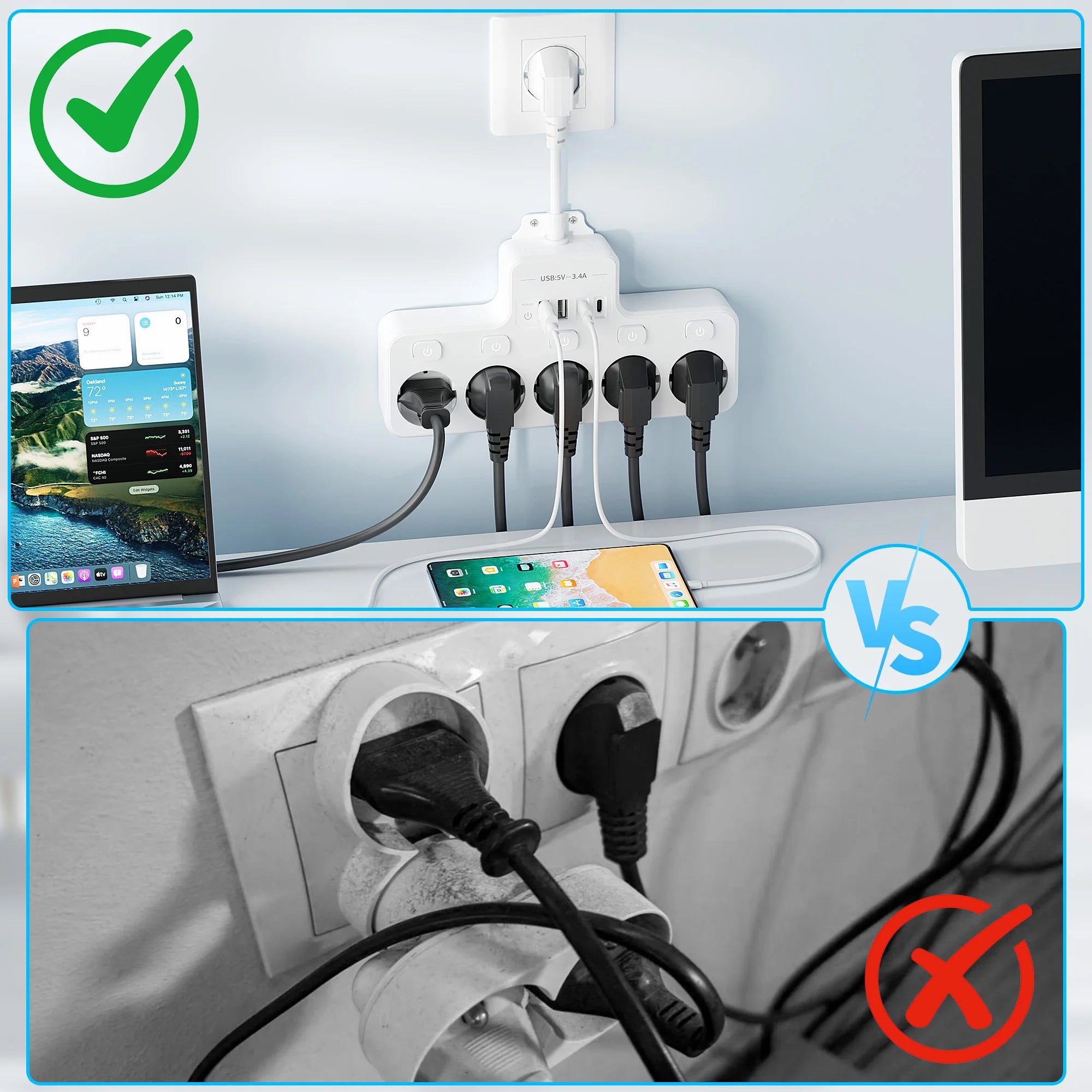 9-in-1 EU Multi-Function Power Socket for Living Room &amp; Kitchen