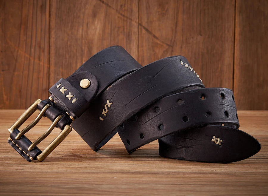 Men's military cowhide belt with double buckle, dusty style