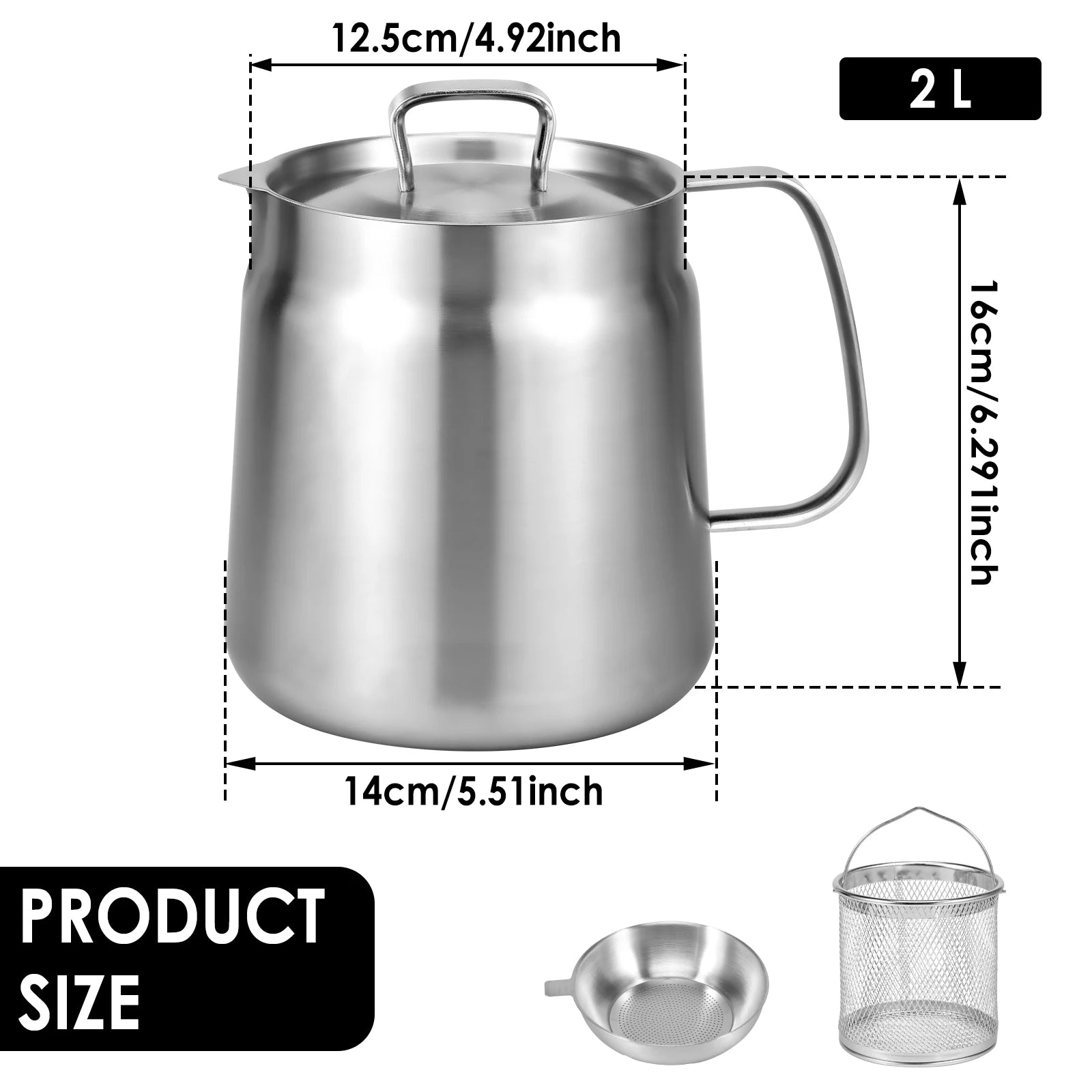 Oil Filter Pot 1.5L/2L Deep Fryer Pot with Basket Stainless Steel Deep Fryer Pasta Strainer Basket Chicken Fried Food Strainer