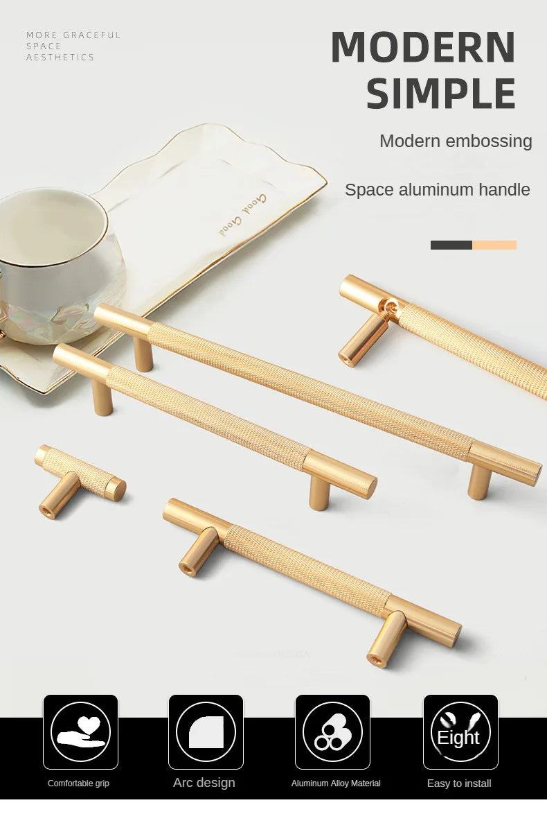 Long Knurled Handle Kitchen Cabinet Door Handles Drawer Pulls Aluminum Alloy T Bar Bedroom Knobs Wardrobe Furniture Hardware