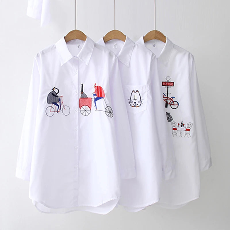 Áo Sơ Mi Thêu Cotton Tay Dài Nữ Công Sở Thu 5083