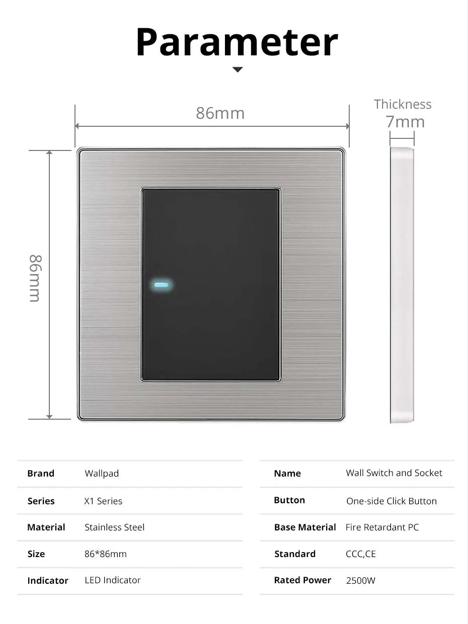 Công tắc đèn âm tường 2 chiều, thép không gỉ, LED.