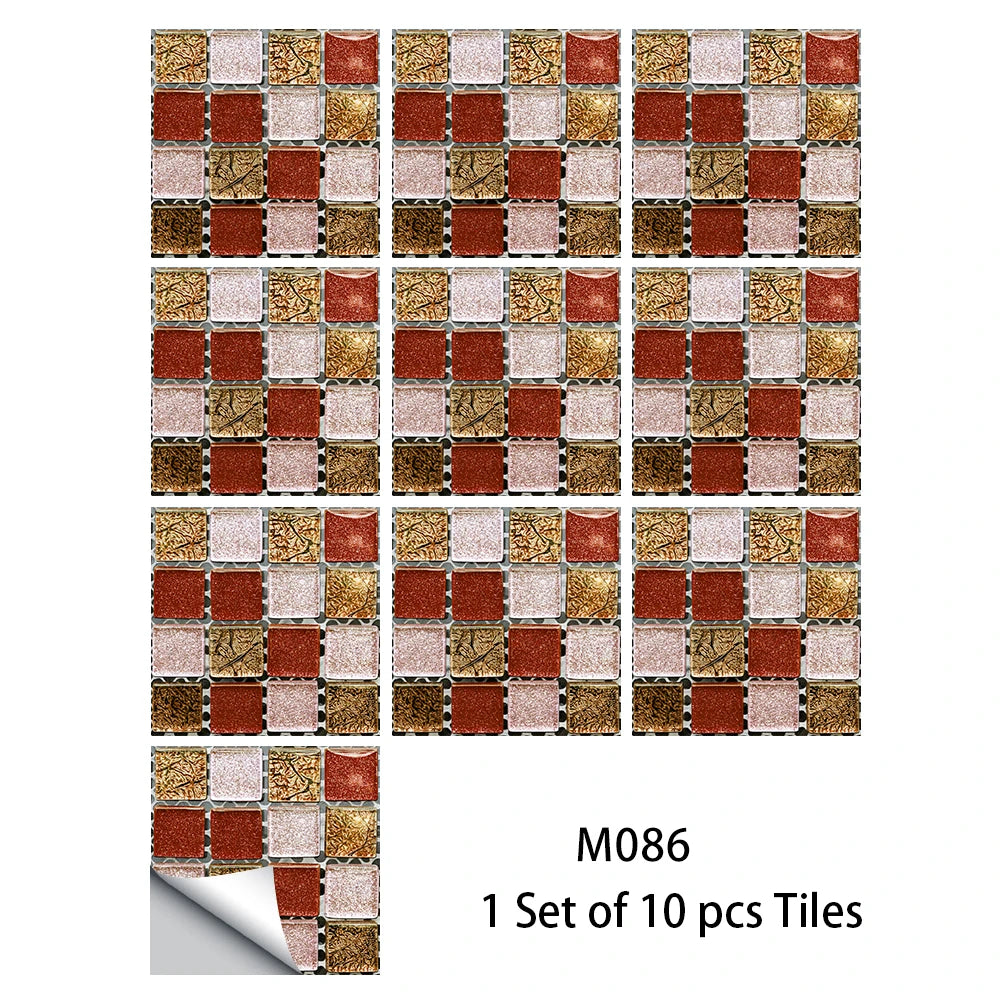 10pcs Flat Mosaic Style Tiles Sticker Kitchen Bathroom Waterproof &amp; Oilproof Art Wall Sticker Peel &amp; Stick Surface Glossy Film