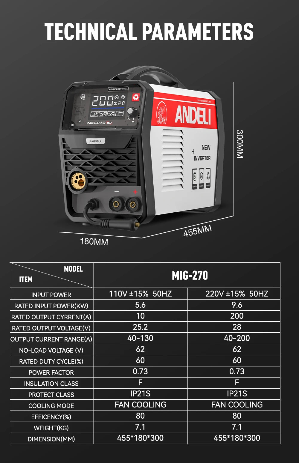 ANDELI MIG-270 Semi-automatic Welding Machine 3 in 1 MIG/Lift TIG/Stick Inverter MIG Welder Gas/Gasless Welding for Household - Daisan Mart