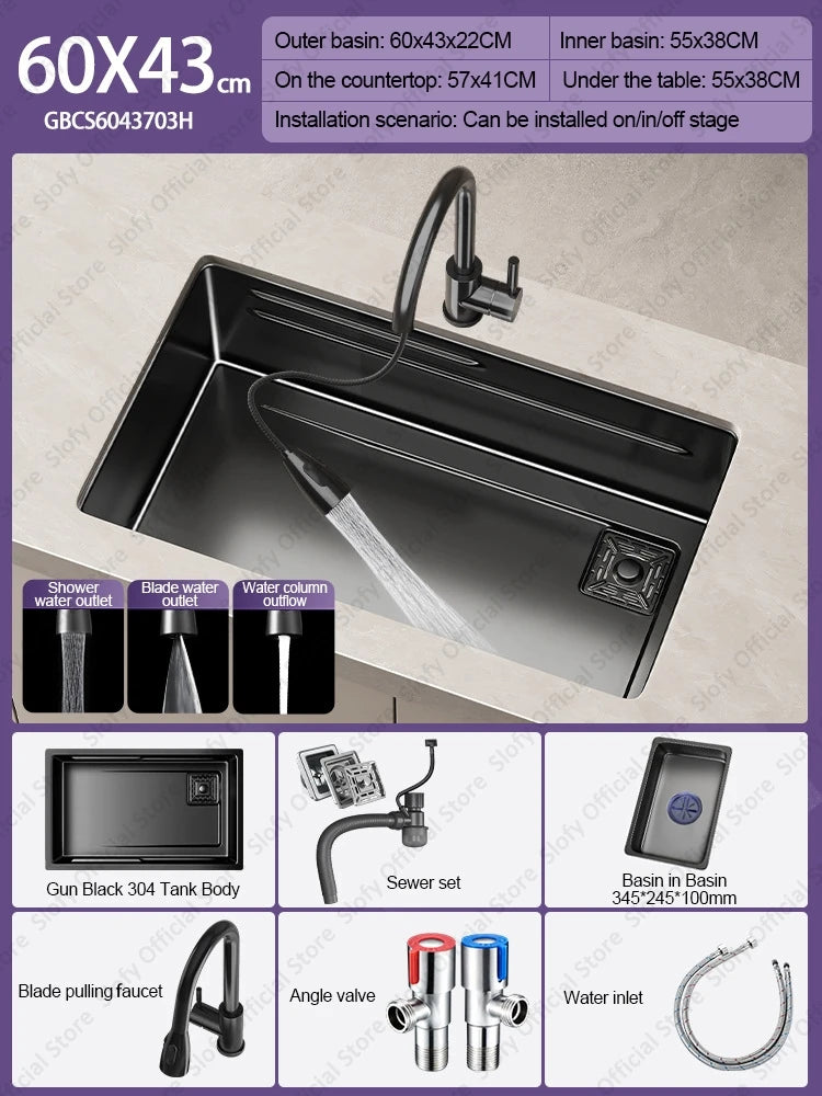 304 Stainless Steel Kitchen Sink Black Single Bowl Thickened Material Wear-Resistant Vegetable Workstation Drainage Accessories - Daisan Mart