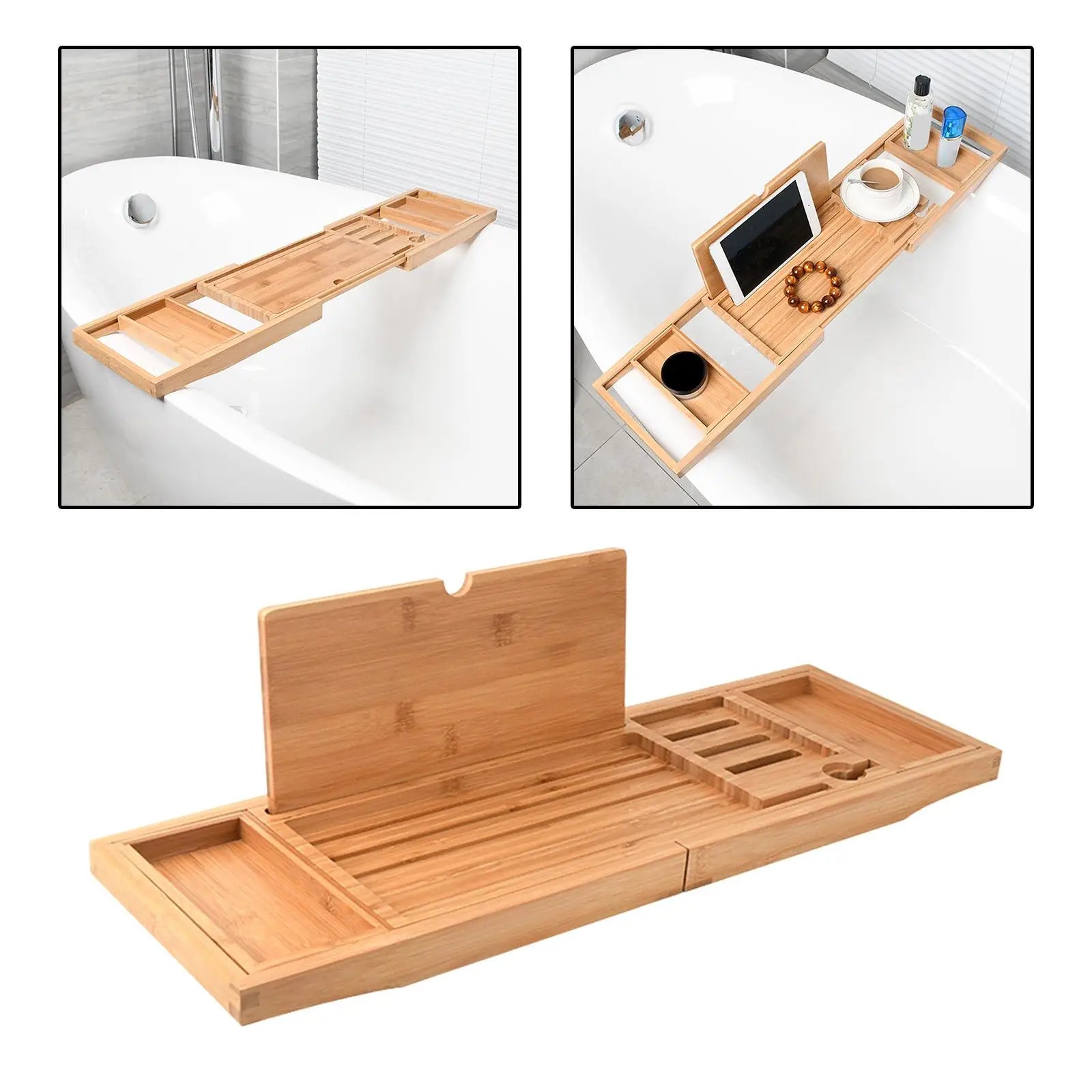 Multi-purpose wooden tray for bathtub, books and phones
