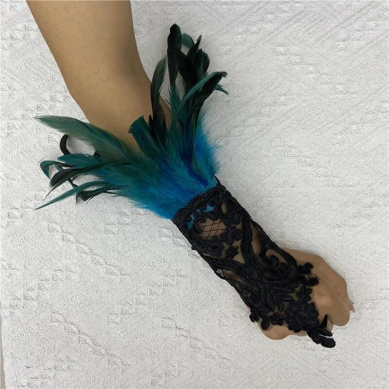 Mesh Gloves Women Halloween Lolita Cosplay Y2k Feather Cuffs Fingerless Mittens Lace Black Long Rave Accessories Feather Apparel - Daisan Mart