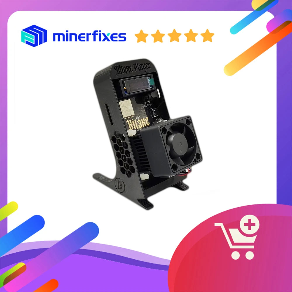 Thiết bị màu đen với quạt gió, nền màu tím, kèm logo và biểu tượng giỏ hàng.