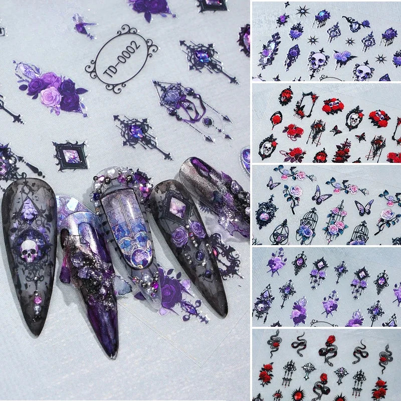 3D黑色紫色萬聖節美甲貼紙 哥德骷髏玫瑰蝴蝶美甲貼花 節日美甲裝飾 美甲滑塊