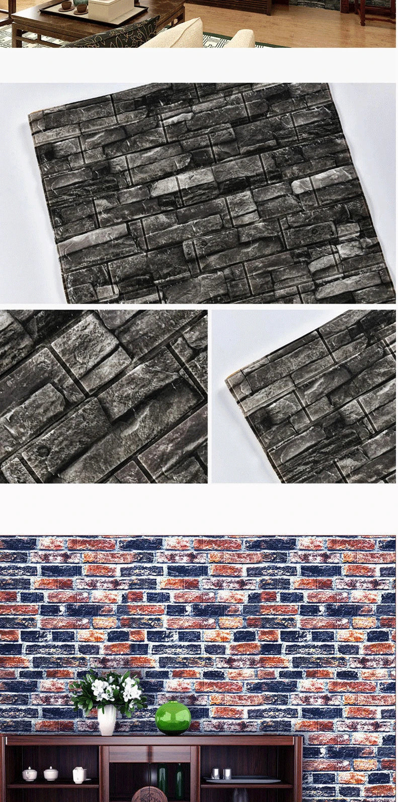 Giấy dán tường 3D chống nước giả gạch tự dán 70x100