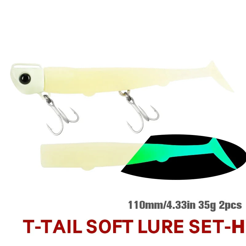 TSURINOYA Sinking Large Baits 110mm/35g Long Casting Jig Head T Tail Soft Lure Set 2pcs Tail Flounder Seabass Fishing Lure