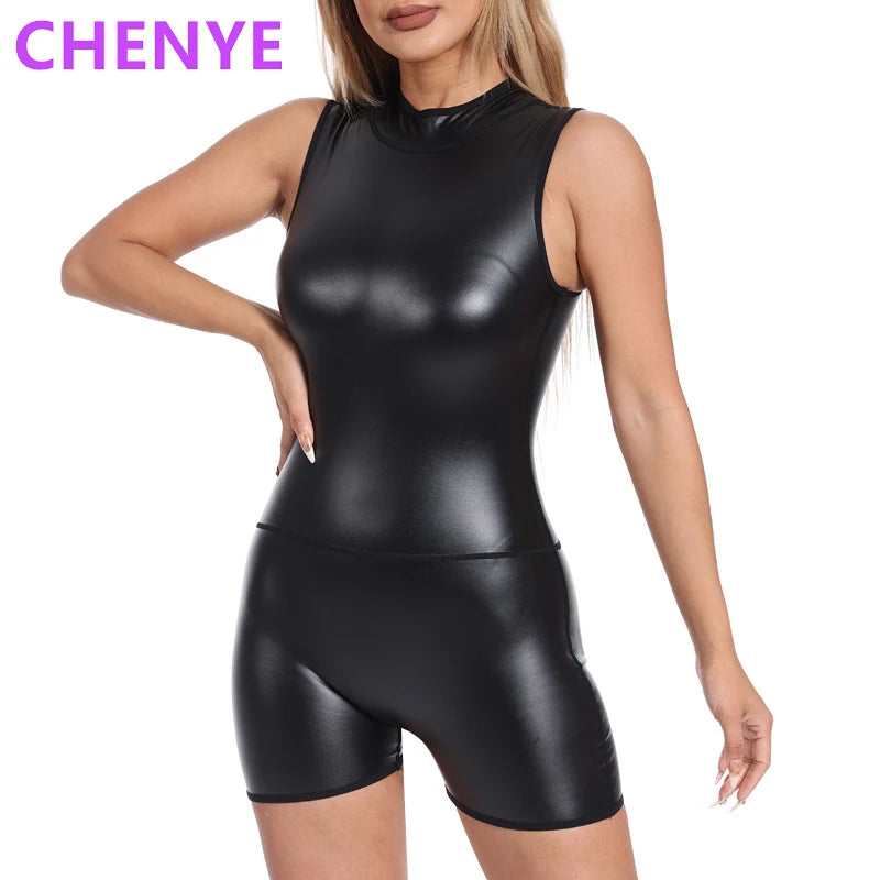 Women's Sleeveless, Backless, Sexy, Slim-Fit Leather Bodysuit