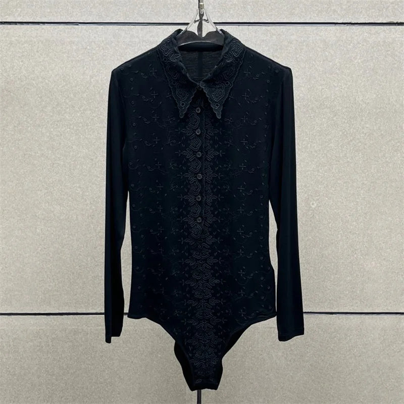 Women's bodysuit New elastic slim fit lapel long sleeved top for autumn 2025 floral embroidery women's corset y2k women's bodys