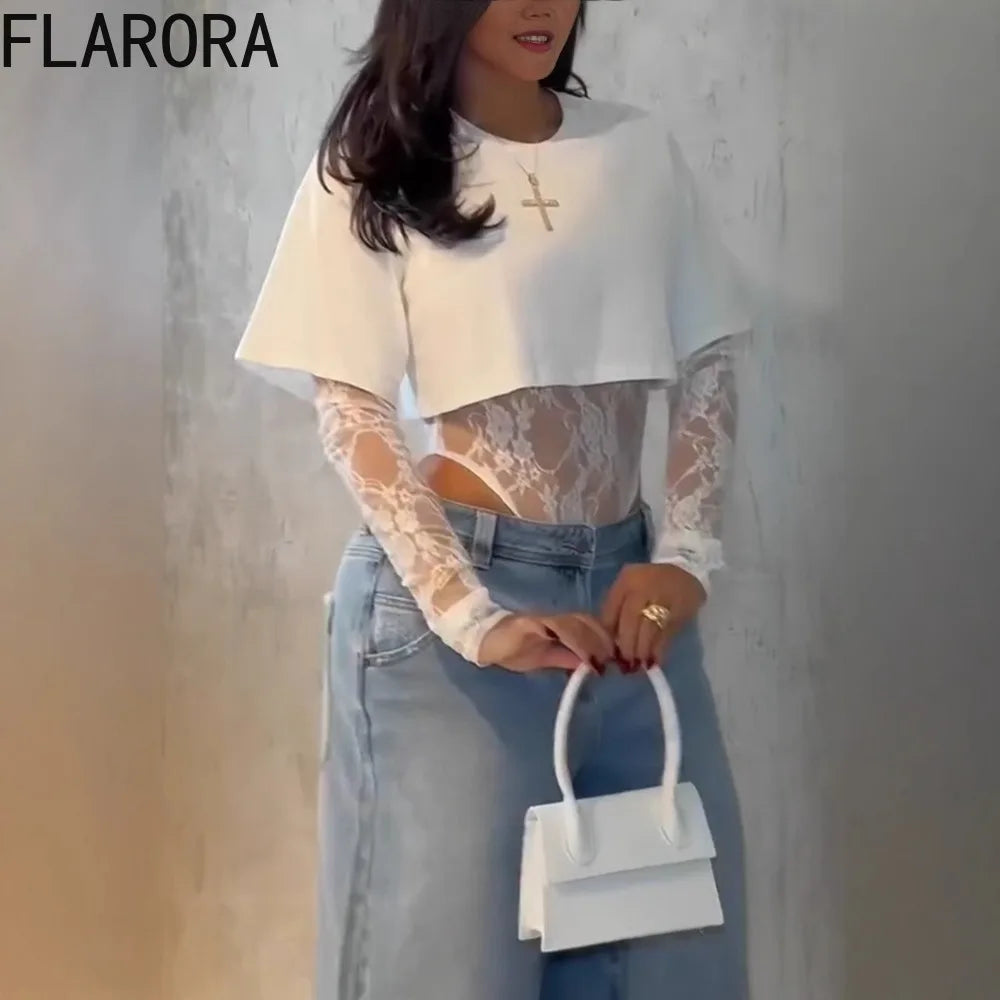 Y2K風格 FLARORA 蕾絲露臍上衣和連身衣套裝