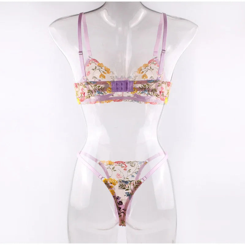 Women's Boho 2-Piece Floral Embroidery Lace Lingerie Set Fashion
