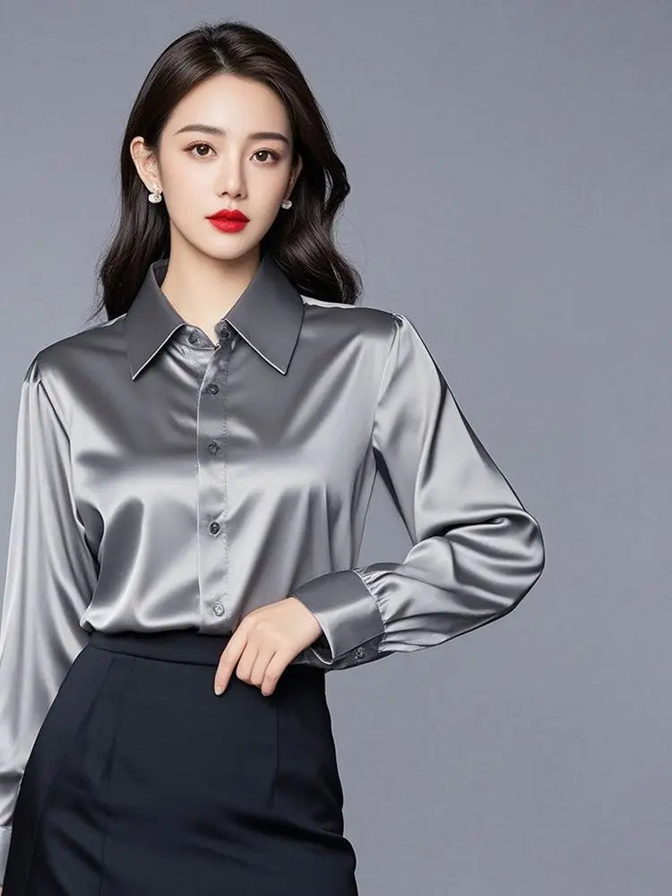 Áo Sơ Mi Lụa Công Sở Nữ Hàn Quốc Dáng Ôm Dài Tay - Daisan Mart
