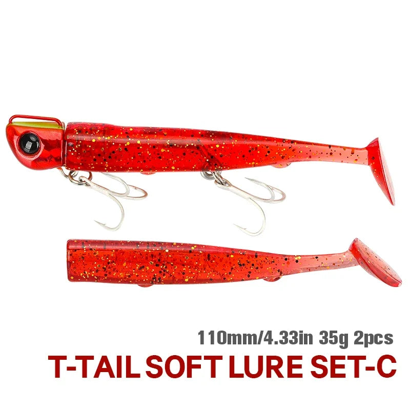 TSURINOYA Sinking Large Baits 110mm/35g Long Casting Jig Head T Tail Soft Lure Set 2pcs Tail Flounder Seabass Fishing Lure