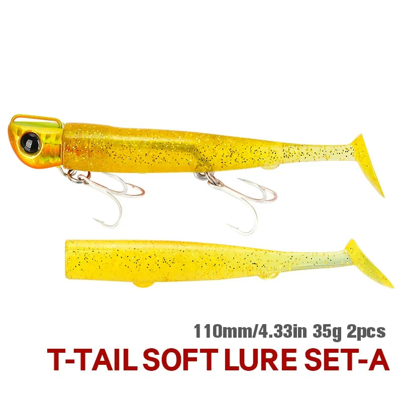 TSURINOYA Sinking Large Baits 110mm/35g Long Casting Jig Head T Tail Soft Lure Set 2pcs Tail Flounder Seabass Fishing Lure