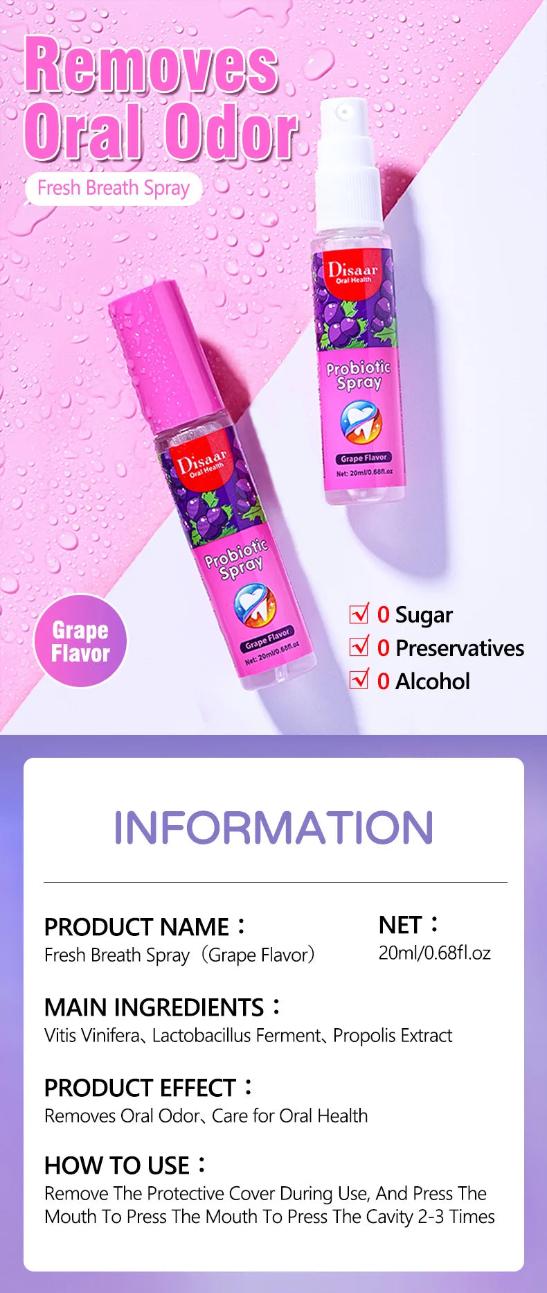 Grape Breath Spray 20ml - Deodorizing, Convenient