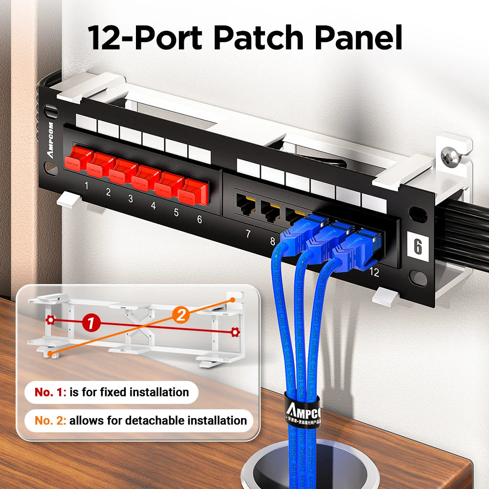 Bảng Patch Panel 12 Cổng Cat6A AMPCOM kèm Giá Treo - Daisan Mart