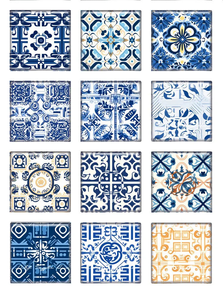 Mặt Kính Vuông Hoa Văn Xanh Cho Trang Sức Handmade