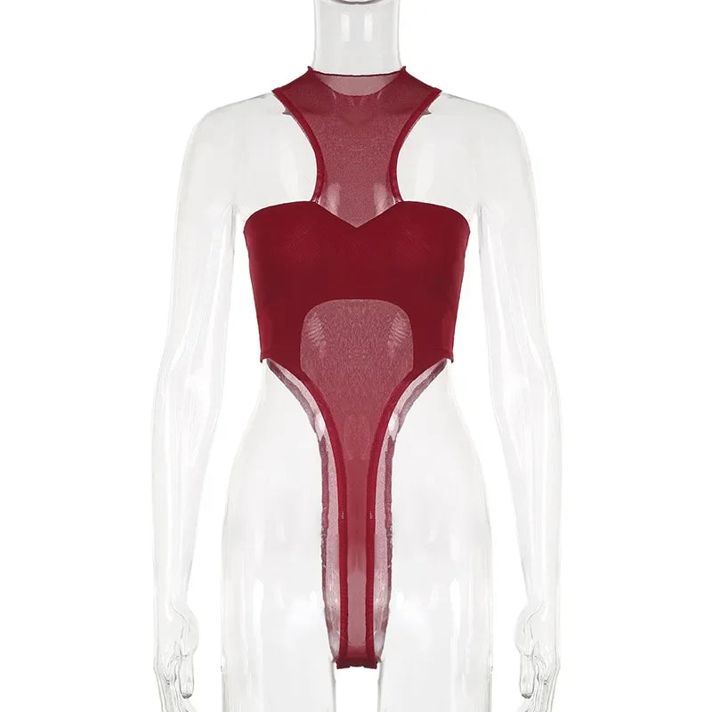 Bodysuit Đỏ Sexy Lưới Trong Suốt - Y2K Nữ Tính - Daisan Mart