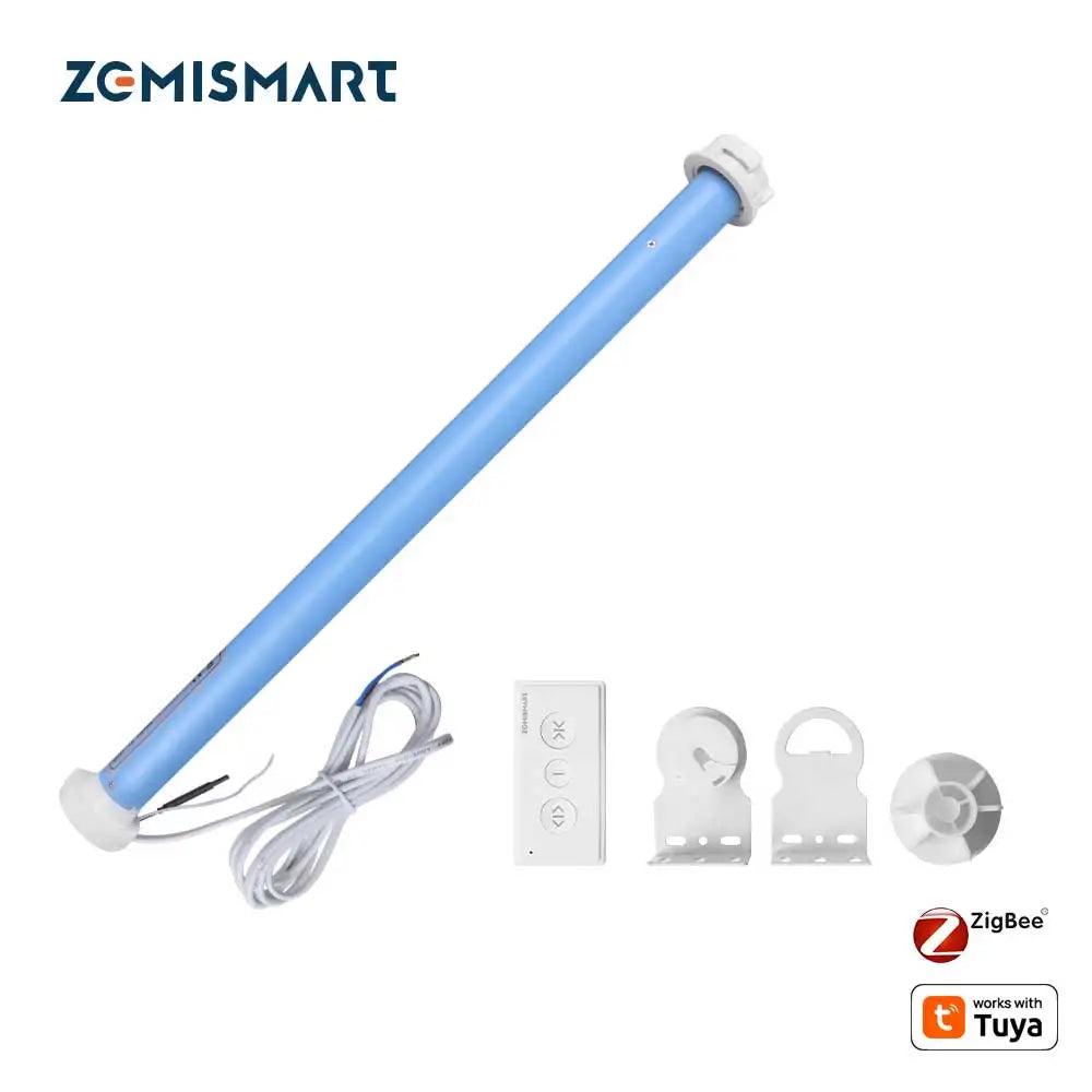 Ống màu xanh với dây điện, điều khiển và phụ kiện màu trắng trên nền trắng.