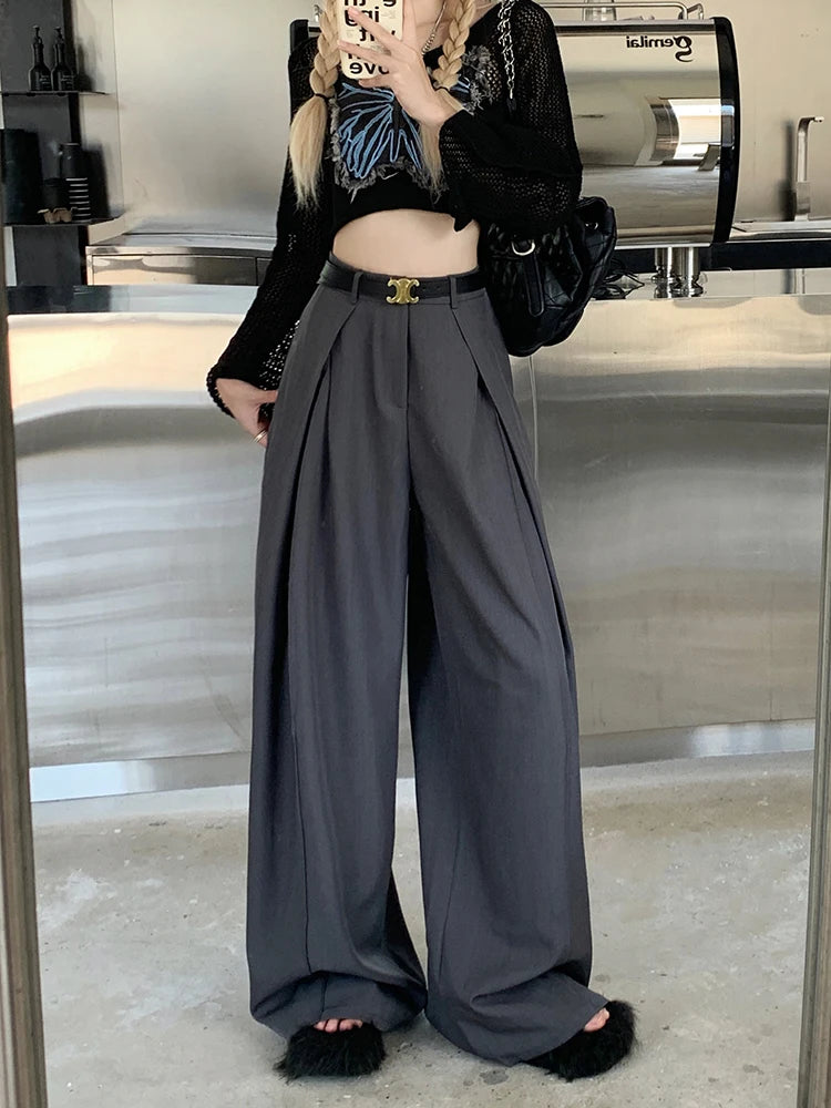 Office Suit Pants Floor Mop Pants For Women's Autumn Korean Version 2024 New High Waisted Design Loose Wide Leg Casual Pants - Daisan Mart