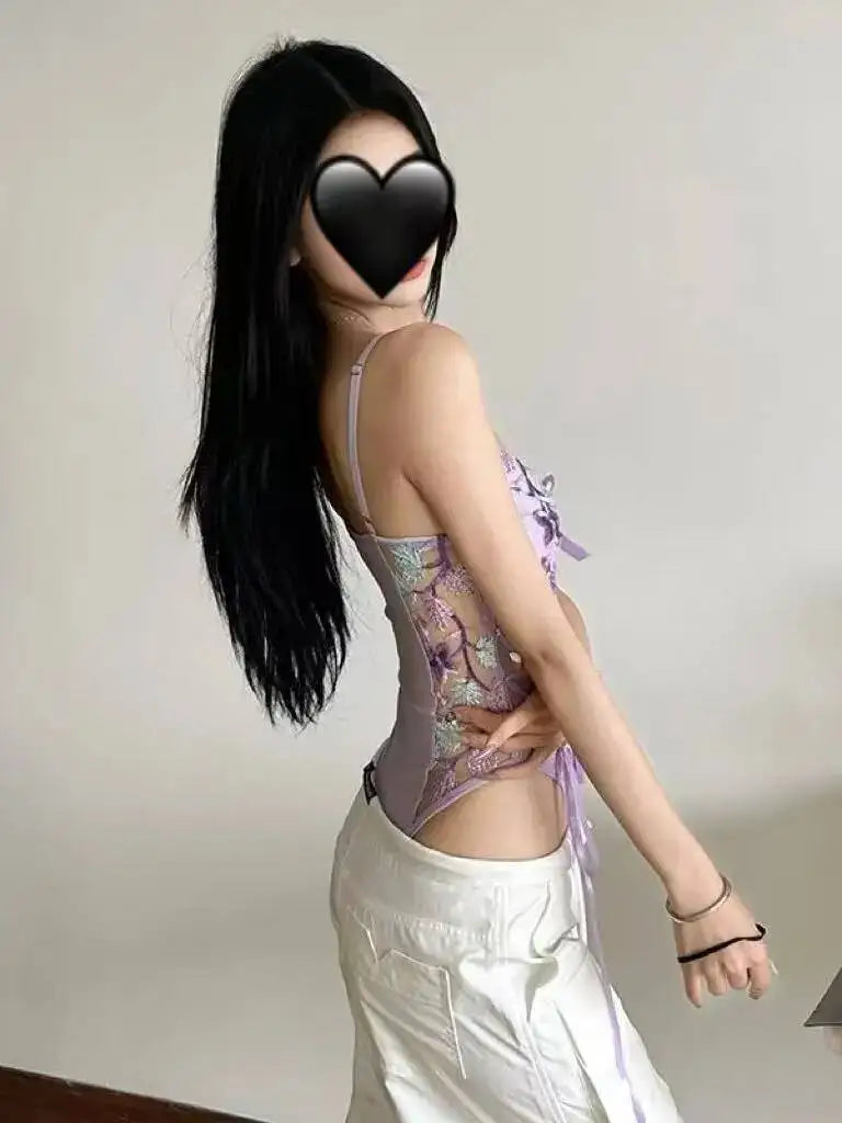 Sexy Butterfly Floral Bodysuit Embroidery See-through Mesh